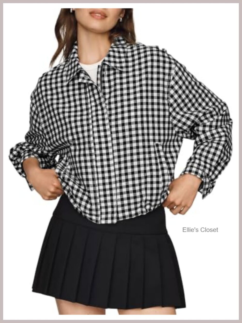 Women's Gingham Oversized Cropped Bomber Jacket Long Sleeve Shacket
